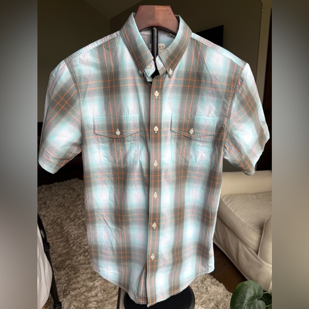 Roper BOYS XL Short Sleeve Button Down Shirt in Aqua Blue, Charcoal and Orange